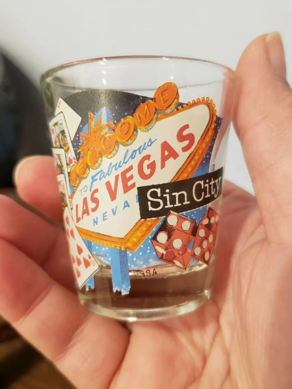 Las Vegas Souvenir Welcome Sign Shot Glass Strip Sin City Cards Dice Vintage